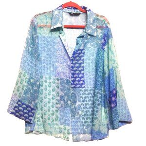 Zara Top Paisley Sheer Womens XL Lightweight Blue Green Boho Bell Sleeve collar